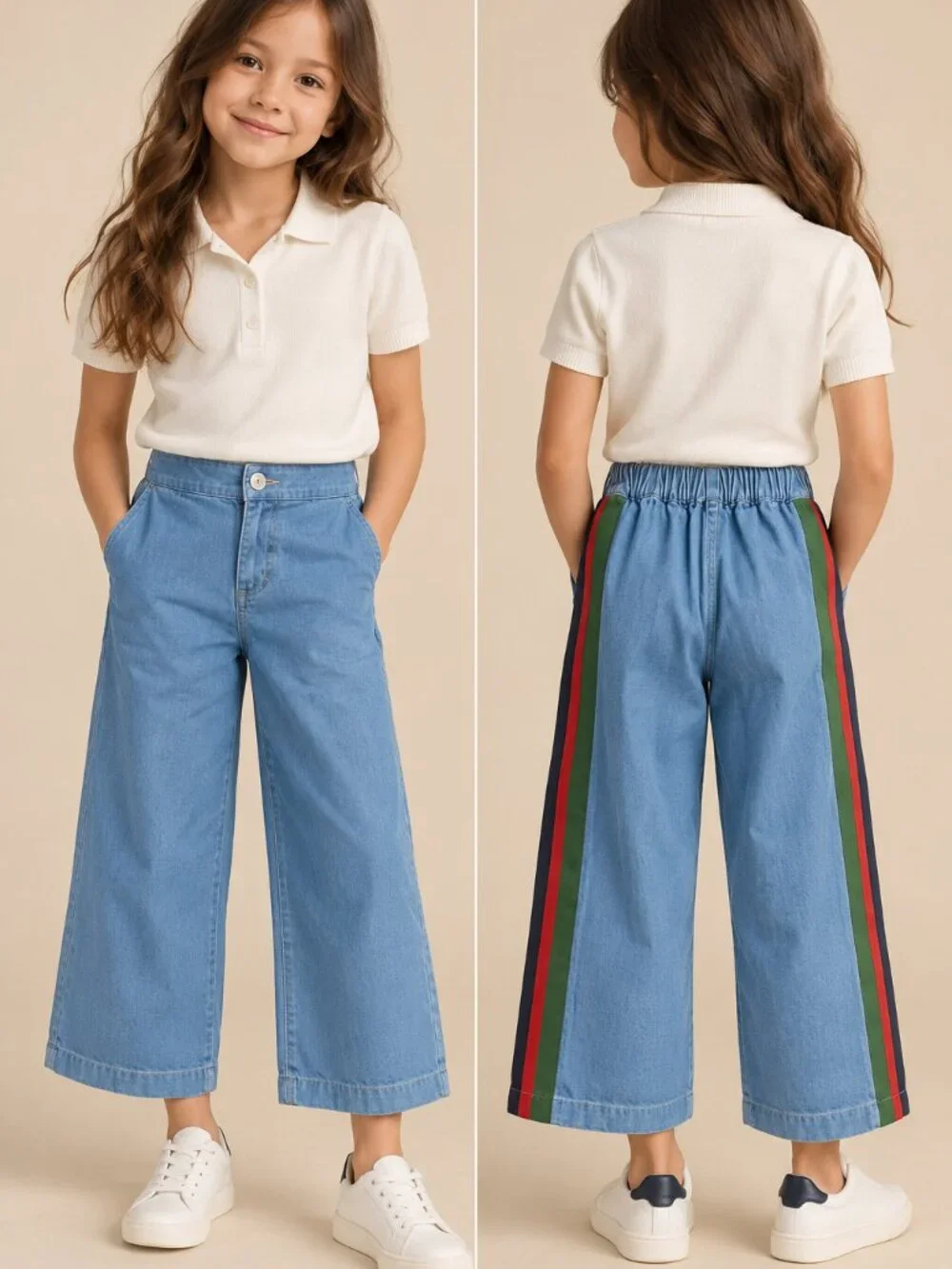 Gucci Kids Blue Denim Web Stripe Wide Leg Jeans Size 8